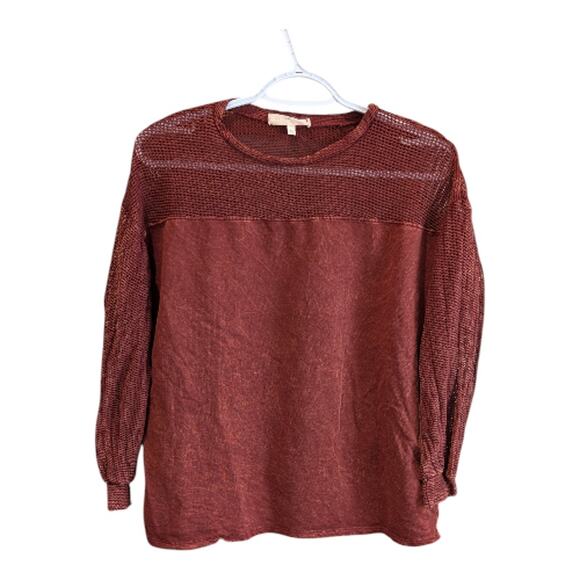 Gilded Intent Burnt Orange Top With Mesh Sleeves - Picture 1 of 8